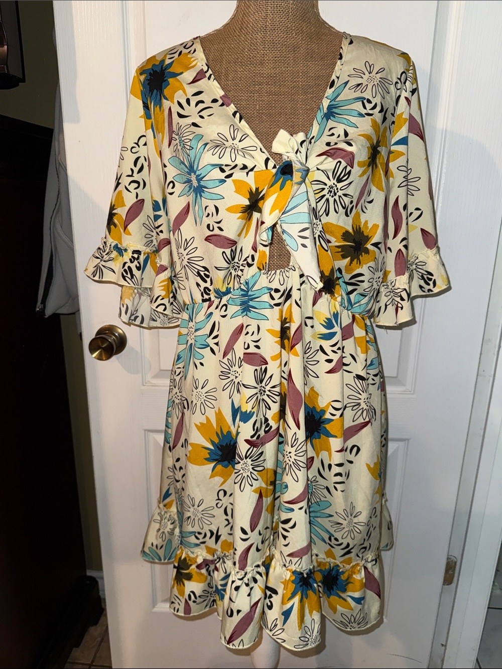 Cream Floral Tie-Front Mini Dress with Ruffle Hem